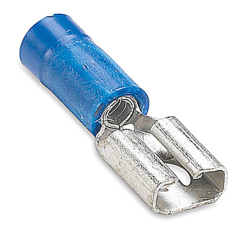Sta-Kon 14RB-250FCP Female Disconnect, 16 to 14 AWG Conductor, 0.25 in W x 0.032 in THK Tab, Brazed Seam Barrel, Brass, Blue, Insulated